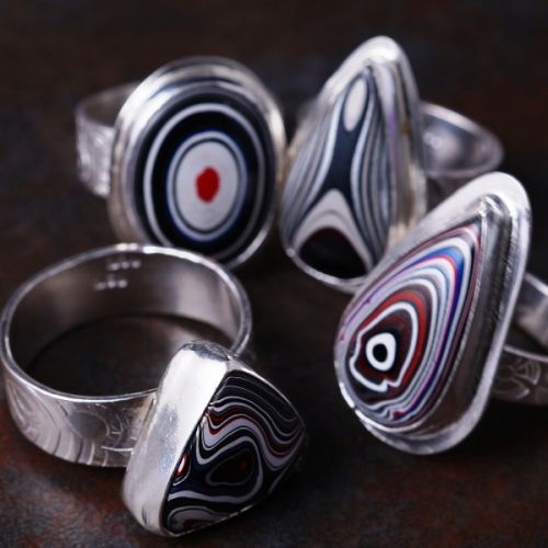 Contemporary handcrafted recycled sterling silver Fordite Rings